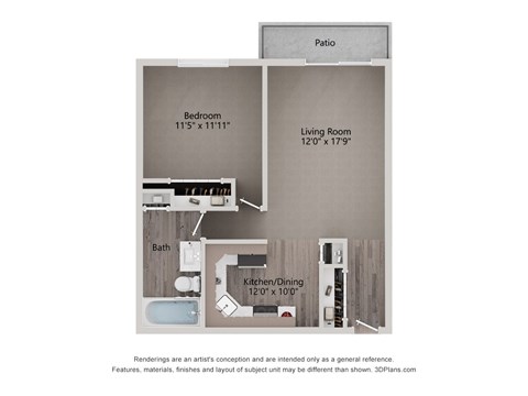Floor plan for 1 bed, 1 bath, 700 sqft